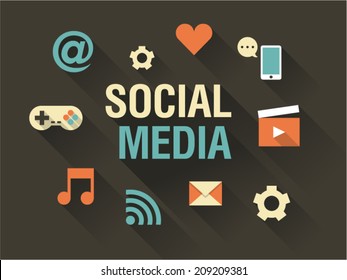 Vector illustration icon set of social media: e-mail, phone, game joystick, music, video, message