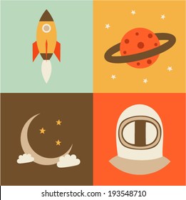 Vector illustration icon set of space: rocket, planet, crescent moon, astronaut