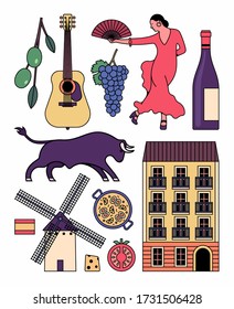 Vector illustration icon set of Spain. Olive, guitar, grape, flamenco dance, wine, bull, house, paella, tomato, cheese, windmill, flag.