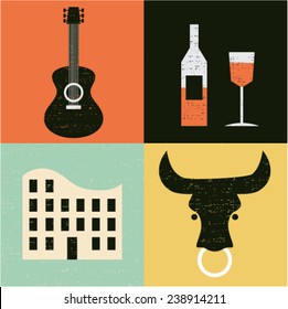 Vector illustration icon set of Spain: guitar, wine, house, bull