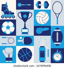 Vector illustration icon set of sport equipment. Roller Skates, dart, dumbbell, tennis racket, football, cup, volleyball, whistle, rugby, boxing, basketball, golf, stopwatch.