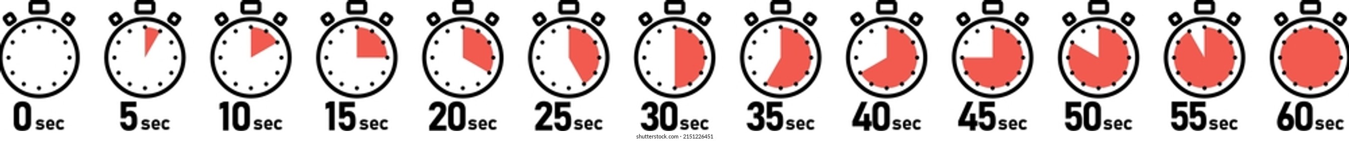 Vector illustration icon set of stopwatch with 5-second increments