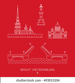 Vector illustration icon set - symbols of Saint Petersburg, Russia. Peter and Paul fortress, spit of Vasilievsky island, St. Isaac cathedral, palace bridge. Simple white line drawn on red background