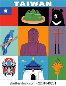 Vector illustration icon set of Taiwan. Zongzi, bear, ghost mask, Memorial Hall, cuckoo, Buddha, food sticks.