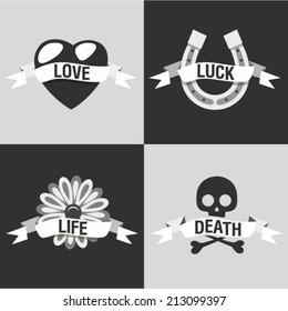 Vector illustration icon set of tattoo: love, luck, life, death