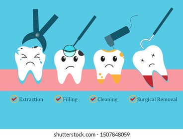 Vector illustration icon set of Teeth treatment and problem of tooth loss on blue background, Dentistry and Tooth hygiene concept