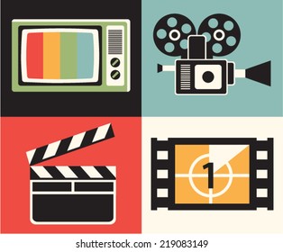 Vector Illustration Icon Set Of Television: TV, Camera, Clapper, Movie