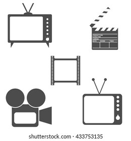 Vector illustration icon set of television: TV, camera, clapper, movie