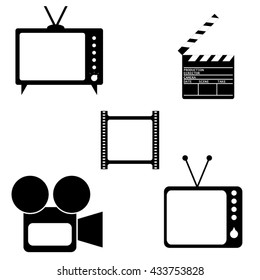 Vector illustration icon set of television: TV, camera, clapper, movie