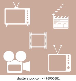 Vector illustration icon set of television: TV, camera, clapper, movie. Set of monochrome icons 