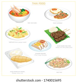 vector illustration icon set of Thai food, including Pad Thai, papaya salad, tom yam kung, phat kaphrao, mango sticky rice, roast pork, and thai crisy pancake. Isolated on white.