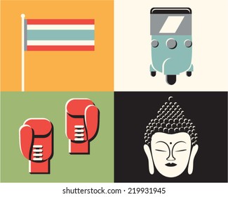 Vector illustration icon set of Thailand: flag, taxi, boxing, buddha