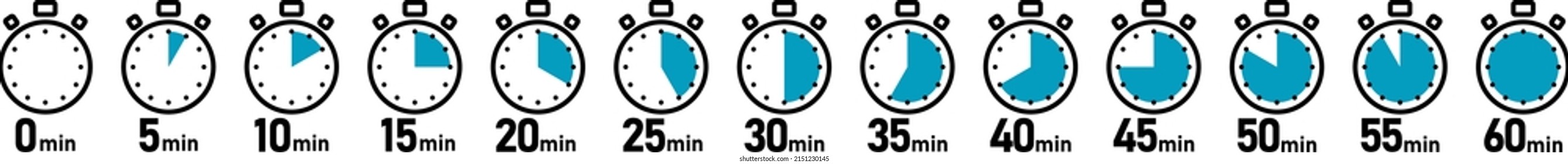 Vector illustration icon set of timer clock with 5-minute increments