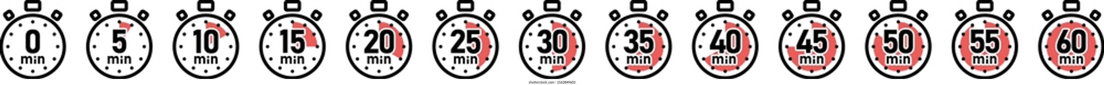 Vector illustration icon set of timer clock with 5-minute increments