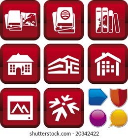 Vector illustration of icon set: travel, and buttons. Only global colors. CMYK. Easy color changes.