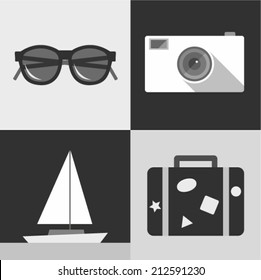 Vector illustration icon set of travel: sunglasses, photo camera, ship, suitcase