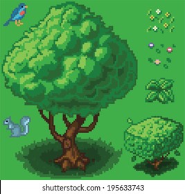 Vector illustration icon set of a tree, shrub, squirrel, bird, small plant, and flowers created in a video game pixel art style. Separated into layers for easy editing.