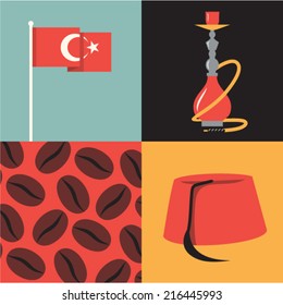 Vector illustration icon set of Turkey: flag, hookah, coffee, hat