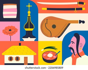 Vector illustration icon set of Ukraine. Cossack, bandura, borsch, house, red poppy flower, church, salo, saber. 