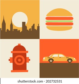 Vector illustration icon set of USA, New York, hamburger, taxi