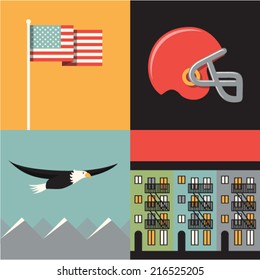Vector illustration icon set of USA: flag, football, eagle, house