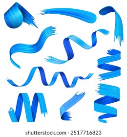 Vector illustration icon set of vibrant blue 3D ribbon brush strokes. Various dynamic shapes with smooth curves, twists, and frayed ends, creating an artistic and fluid design.