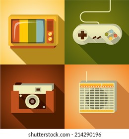 Vector illustration icon set of vintage: TV, joystick, photo camera, radio
