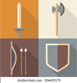 Vector illustration icon set of weapon: sword, axe, bow, shield