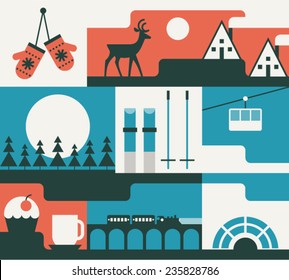 Vector illustration icon set of winter: mittens, deer, house, forest, skis, lift, cake, coffee, train, icehouse