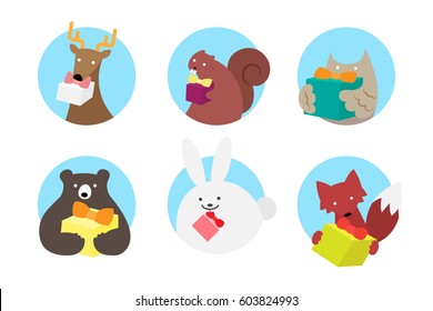 Vector illustration icon set of woodland animals holding gift box inside circle. Cartoon deer, squirrel, owl, bear, rabbit and fox. Card, birthday, winter celebration concept.