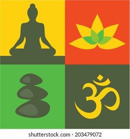 Vector illustration icon set of yoga, lotus flower, stone, om