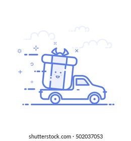 Vector illustration of icon shopping concept delivery servicein in line style. Linear motion truck with gift or bounty. Design for internet, banner, web page and mobile app. Outline object e-commerce.