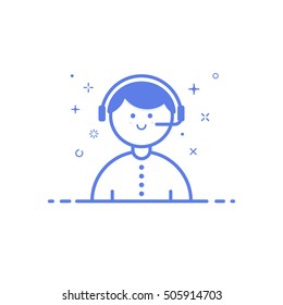 Vector illustration of icon shopping concept support in line style. Linear blue woman with headphones. Design for internet, banner, web page and mobile app. Outline object e-commerce.