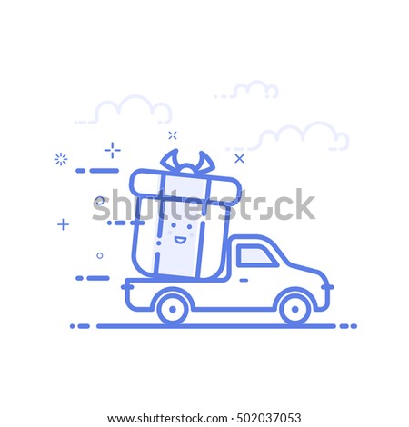 Vector illustration of icon shopping concept delivery servicein in line style. Linear motion truck with gift or bounty. Design for internet, banner, web page and mobile app. Outline object e-commerce.