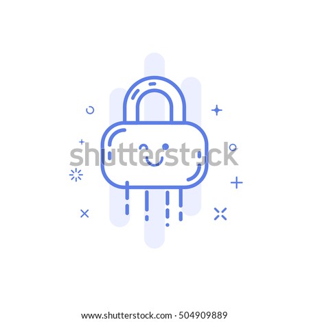 Vector illustration of icon shopping concept web protect in line style. Linear blue lock with cute smile. Design for internet, banner, web page and mobile app. Outline object e-commerce.