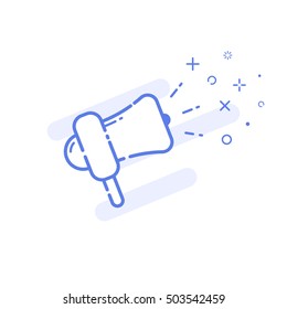 Vector illustration of icon shopping promotion concept in line style. Linear blue megaphone with cute smile. Design for internet, banner, web page and mobile app. Outline object e-commerce.