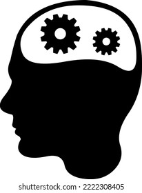 Ilustración vectorial del icono de la silueta de la cabeza de una persona con engranajes en la cabeza, en concepto de pensamiento humano