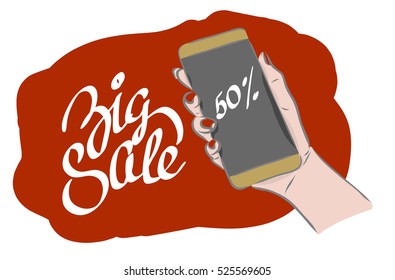 vector illustration icon sketch by hand and smartphone, Big Sale.