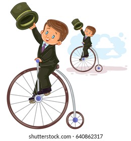 Vector illustration, icon of small boy in period costume ride retro bike