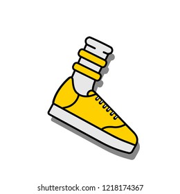 Vector illustration icon of sock and sport running shoe (sneaker). Black outline, yellow color. White background