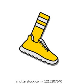 Vector illustration icon of socks and sport running shoes (sneakers). Black outline, yellow color. White background