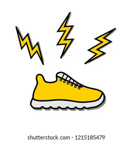 Vector illustration icon of sport running shoes (sneakers) and lightening. Black outline, yellow color. White background