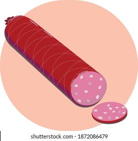 Ilustración vectorial, icono, pegatina, salchicha de afiches, color rosado salami, fondo rosado.Uso para textiles de cocina, utensilios, platos.
