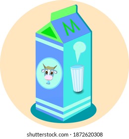 Vector illustration, icon, sticker, sketch box with milk.Image of a cheerful cow on a box, a glass with milk, a place for text . Pink pastel background.