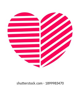Vector illustration. Icon of striped pink heart isolated on white. Theme of Love and Valentine's day. Simple hand drawn doodle clipart. For poster, collage, banner, card, invitation.