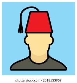 Ilustración vectorial, ícono y símbolo de cara, personaje de hombre de cabeza con típico sombrero rojo turco.