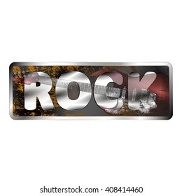 Vector illustration of icon, a symbol of reflection electric guitar in a metal inscription rock with rusty texture. Isolated object on a white background, can be used with any text or image.