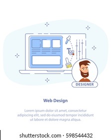 Vector illustration icon theme in flat line cartoon style. Happy Web Designer Character with Laptop. Design Elements For Web Construction