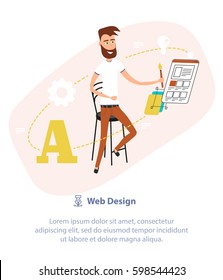 Vector illustration icon theme in trendy flat cartoon style. Happy Web Designer Character with Laptop. Web Design Process - building website with blocks. Design Elements For Web Construction
