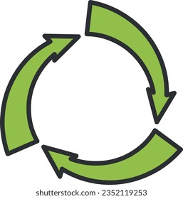 Icono vectorial de tres flechas verdes girando en círculo. Signo reutilizable y reciclable. Protección del planeta.